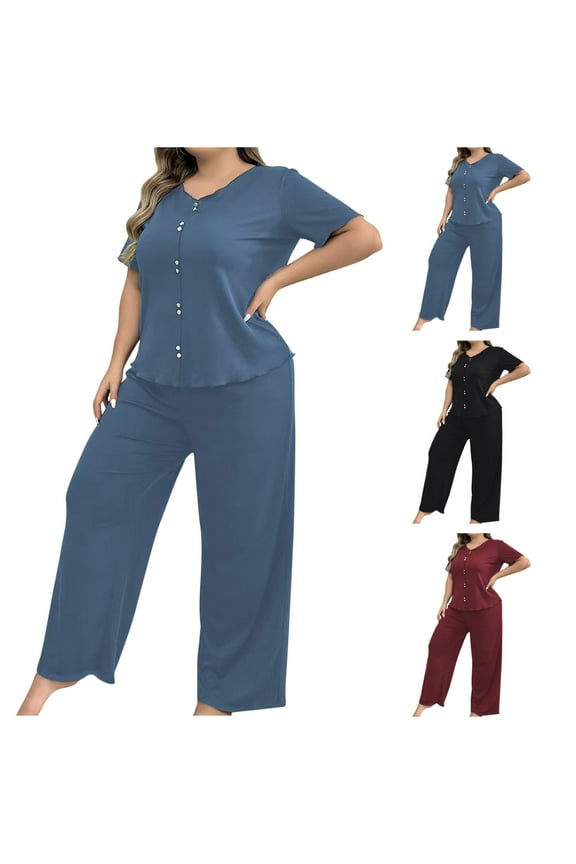 Womens Summer Two Piece Set Oversizeddd Loose Pajamas Solid Color Short Sleeve Ruffle T Shirt and Pants Nightgown Black XXL