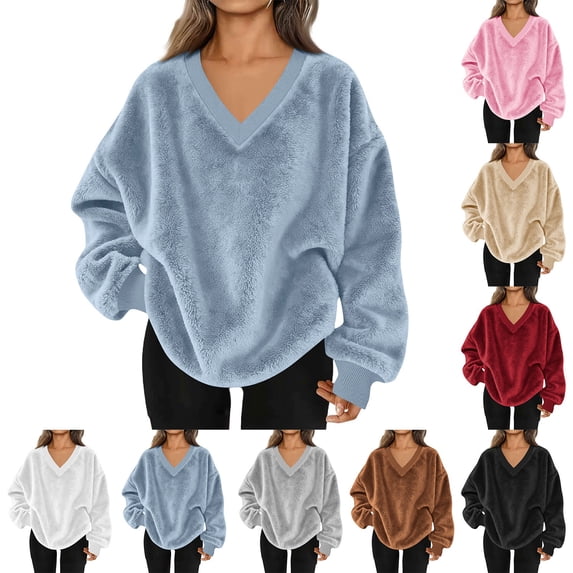 lcziwo Womens Sweatshirt Fuzzy Flannel Soft V Neck Pullover Solid Color Long Sleeve Tops with Pockets Fall Winter Clothes, White, S