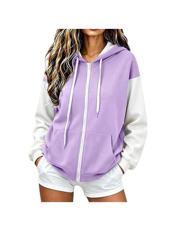 Womens Sweatshirts Zip Up Hoodie Color Block Drawstring Long Sleeve Tops Fall Winter Oversized Pockets Sweatshirts 2026 Purple,M