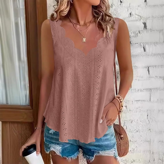 lcziwo Womens Tank Tops Eyelet Ruffle V Neck Sleeveless Undershirt Plus Size Solid Color Summer Holiday Sleeveless Camisole Coffee XL