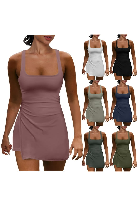 Womens Tennis Dress Built in Shorts Solid Casual Square Neck Sleeveless Workout Athletic Mini Skort Dress 2025 Summer Golf Dress Vacation Outfits Black L Sales for Today on Walmart