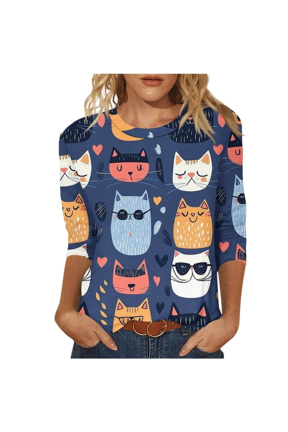 Womens Three Quarter Sleeve Cat Print Shirts Crew Neck Cute Cat Faces Graphic Tees Fashion Daily Blouses Casual Soft Loose Tunic Tops 2025 Blue,S