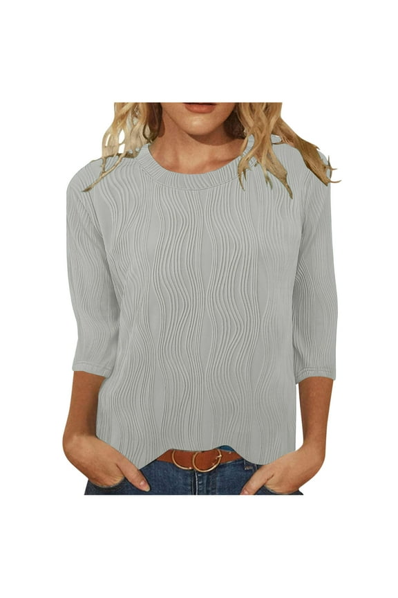 Womens Tops 3/4 Sleeve Shirts Wave Pattern Crew Neck Loose Dressy Casual Blouses Basic Solid Color Summer Pullover Tee Shirt Top 2025 Gray,XL