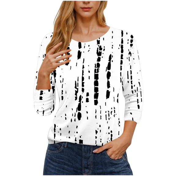 lcziwo Womens Tops Casual Trendy 3/4 Sleeves Round Neck Tops Cute Tie Dye Print T Shirt Basic Pullover Comfy Blouses Oversize 2025 Shirts Navy,L