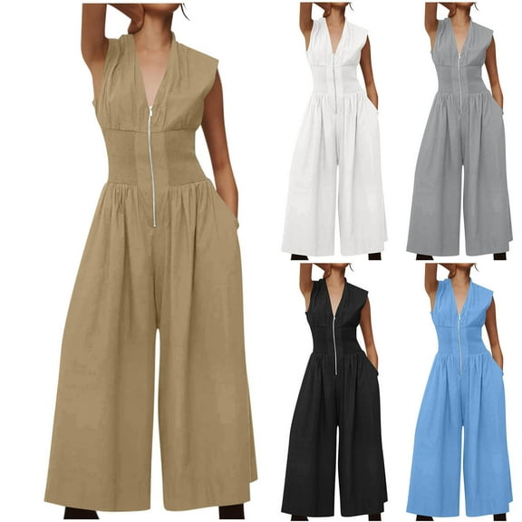 lcziwo Womens V Neck Casual Dressy Jumpsuits Smocked Zip Up Sleeveless Wide Leg Onesie Pants Summer Casual Elastic Waist Overalls with Pockets Work Outfit Back to College Sale Black L