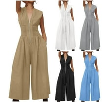 lcziwo Womens V Neck Casual Dressy Jumpsuits Smocked Zip Up Sleeveless Wide Leg Onesie Pants Summer Casual Elastic Waist Overalls with Pockets Work Outfit Back to College Sale Black L