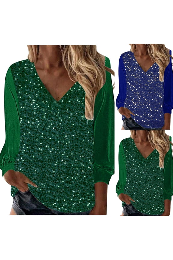 Womens V Neck Sequin Tops Long Sleeve Elegant Shirts Casual Solid Color Glitter Pullover Blouses,Green,L
