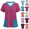 thumbnail image 1 of lcziwo Womens V Neck Tshirts 2025 Summer Loose Fit Short Sleeve Work Scrub Tops Trendy Color Block Scrubs Blouses with Pockets Orange XL Back to School Prime Sales, 1 of 4