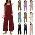 thumbnail image 1 of lcziwo Womens Waffle Knit Jumpsuits Loose Casual Wide Leg Onesie Pants Solid Casual Open Back Overalls Rompers wirh Pockets Loungewear Lightning Sales Today Dark Blue S, 1 of 8