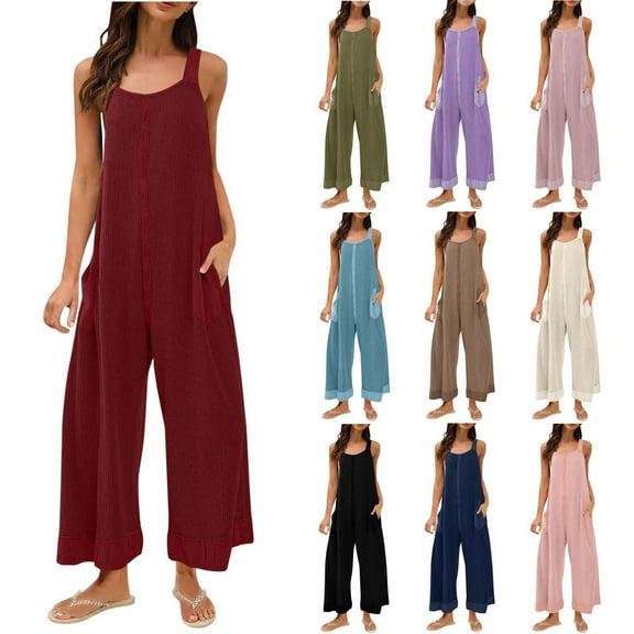 lcziwo Womens Waffle Knit Jumpsuits Loose Casual Wide Leg Onesie Pants Solid Casual Open Back Overalls Rompers wirh Pockets Loungewear Sale of The Day Prime Today Hot Pink M