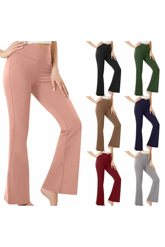 Womens Yoga Pants Crossover High Waist Athletic Leggings Solid Color High Waisted Butt Lifting Bootcut Tights Army Green S