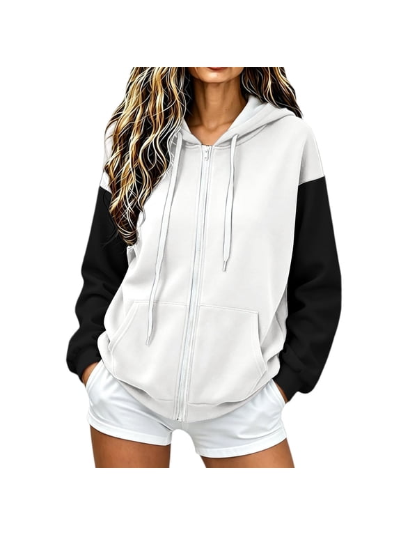 Womens Zip Hoodies Color Block Drawstring Long Sleeve Top Fall Winter Oversized Pockets Sweatshirts Fashion Tops 2026 White,S
