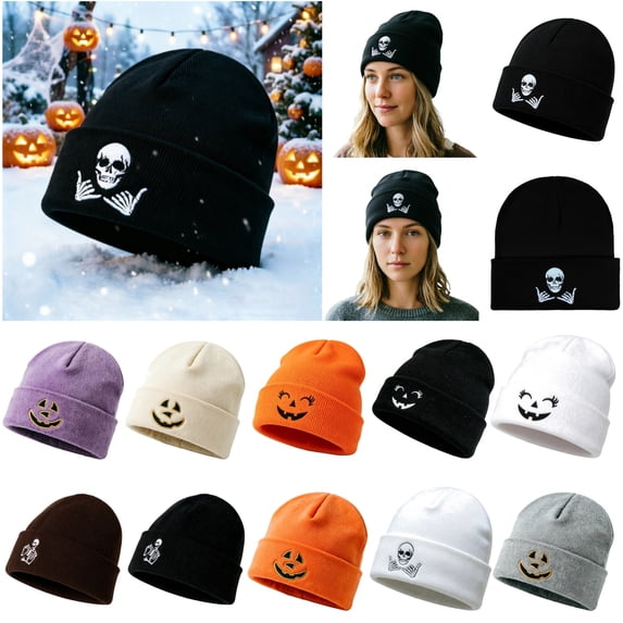 lcziwo Womens and Mens Cute Funny Face Lantern Pumpkin Hats Halloween Cuffed Embroidered Knit Beanie Caps