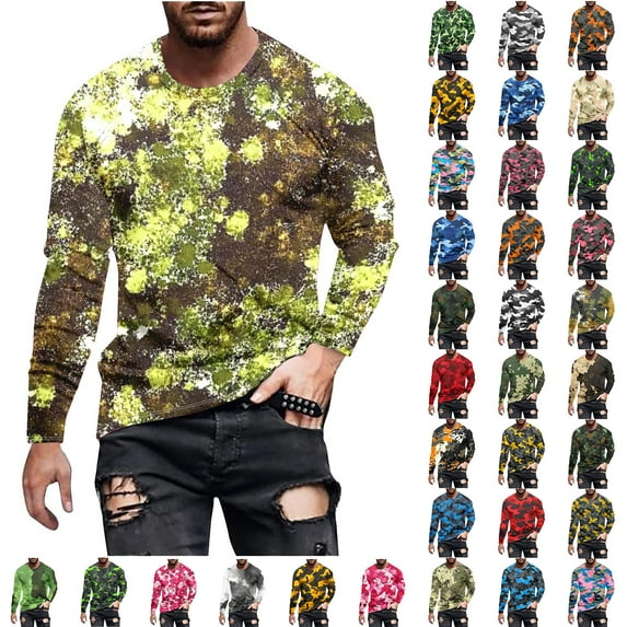 lcziwo Workout Shirts for Men Long Sleeve Crewneck Camouflage T-Shirts Causal Loose Fit Pullover Tops Cotton Basic Tees Prime By Hour Army Green M