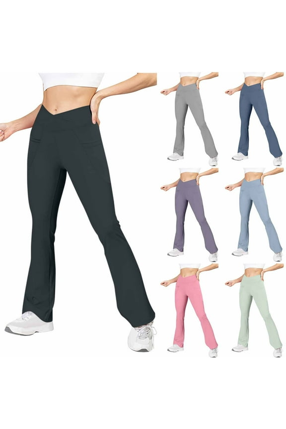 Yoga Pants for Women Crossover High Waist Athletic Leggings Solid Color Butt Lifting Tummy Control Leggings Gray S