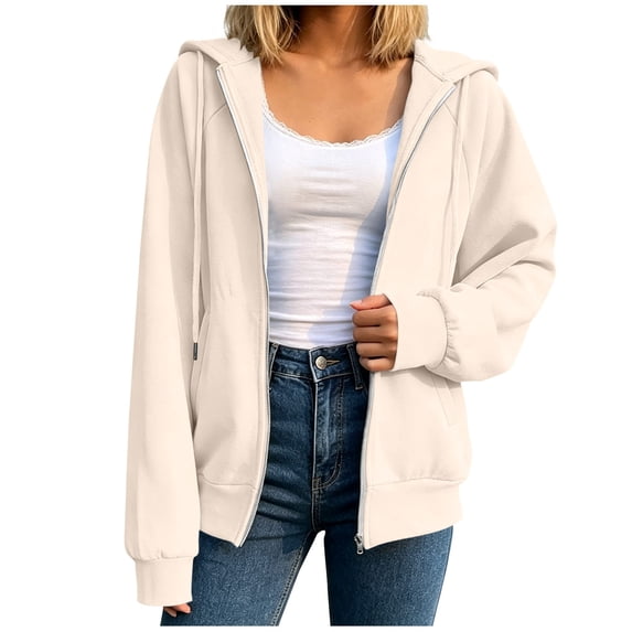 lcziwo Zip Up Hoodies for Women Casual Raglan Sweatshirts with Pockets Solid Color Drawstring Long Sleeve Winter Hoodie 2026 Beige,XXXL