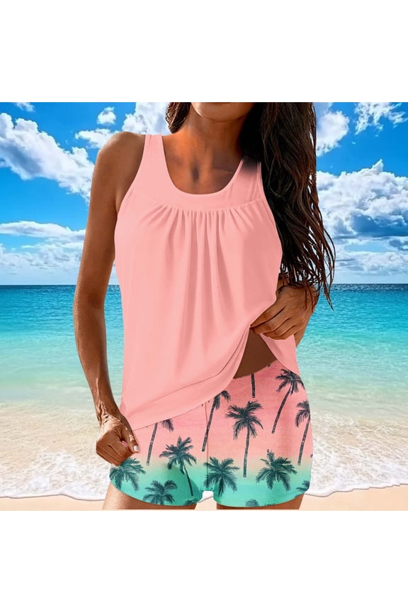 2 Piece Outfit for Women Loose Solid Color Swin Suit Wide Strap Supportive Ruffle Swimsuit Beach Top with Short Multicolor L