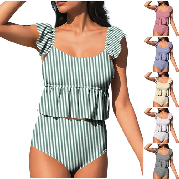 lcziwo2 Piece Tankini Swimsuits for Women 2026 Square Neck Ruffle Cap Sleeve Bathing Suits Striped Swim Suits Hot Pink XXL