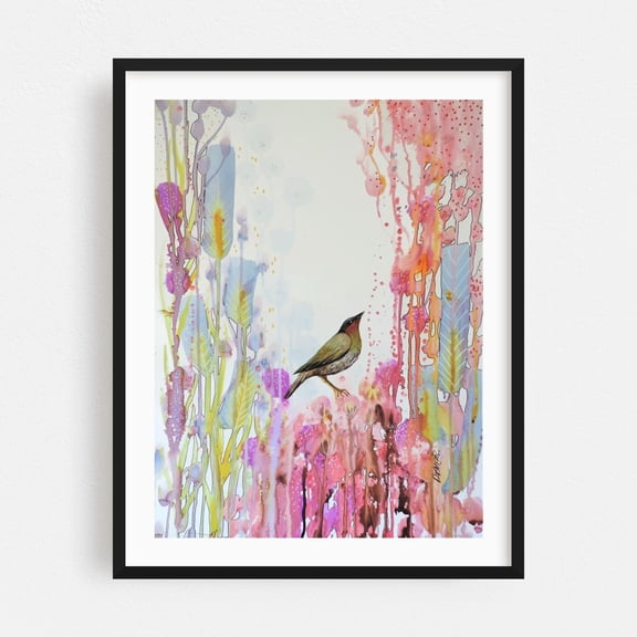 le vent est douceur sur mes joues - Painting Watercolor Bird Abstract Floral Nature Pastel Wildlife Black Framed Wall Art Print 16 x 20 inches