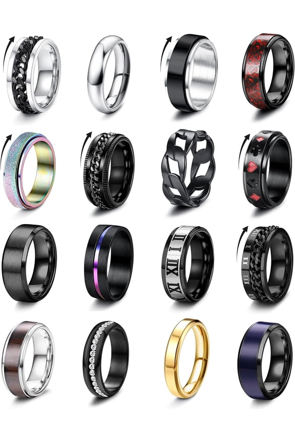 16Pcs Stainless Steel Fidget Rings for Men Women Non Tarnish - Anxiety Relief Smooth Black Spinner Ring Set Mens Wedding Band Daily Engagement Promise Rings Jewelry Gift Comfort Fit Size 7-13