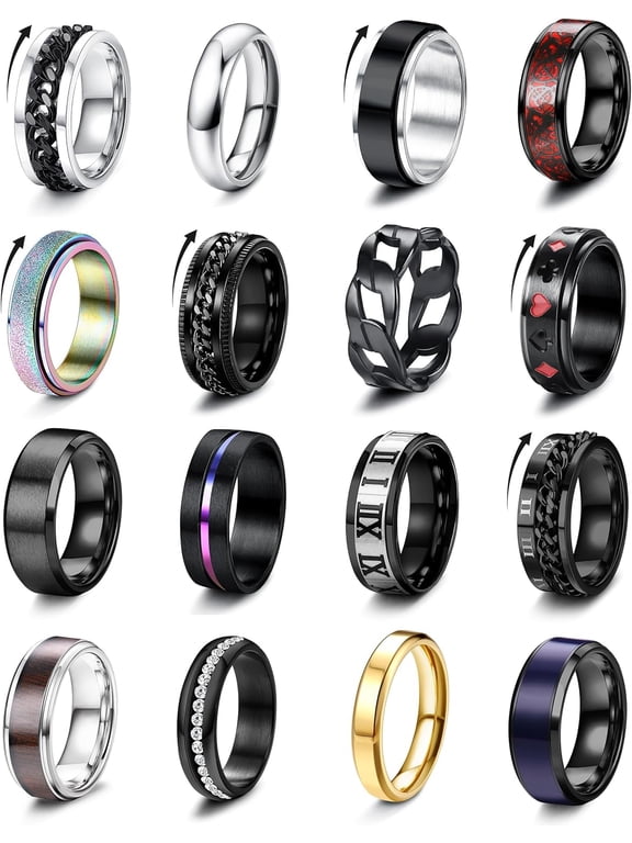16Pcs Stainless Steel Fidget Rings for Men Women Non Tarnish - Anxiety Relief Smooth Black Spinner Ring Set Mens Wedding Band Daily Engagement Promise Rings Jewelry Gift Comfort Fit Size 7-13