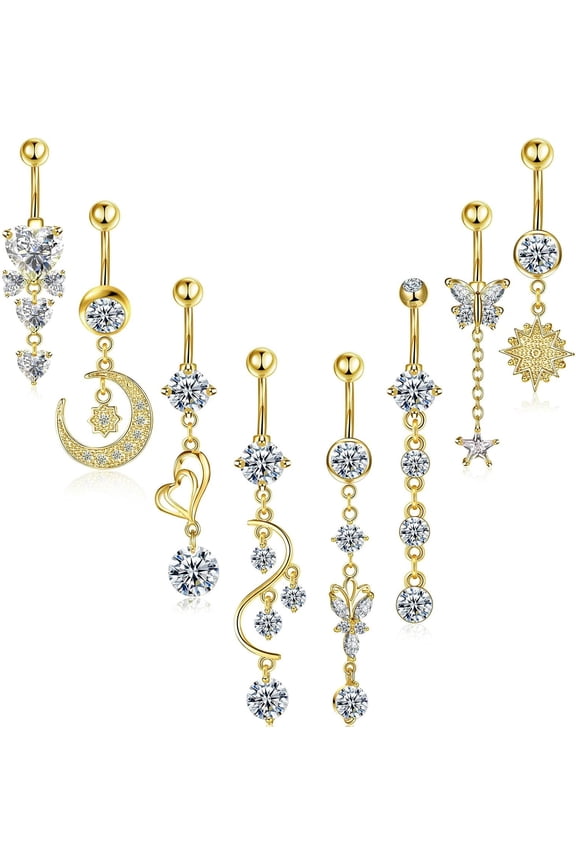 8 Pieces 14G Belly Button Rings Steel Long Dangle Navel Ring CZ Body Piercing Jewelry