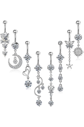 8 Pieces 14G Belly Button Rings Steel Long Dangle Navel Ring CZ Body Piercing Jewelry