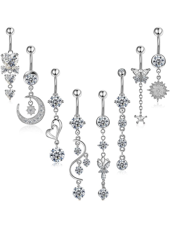 8 Pieces 14G Belly Button Rings Steel Long Dangle Navel Ring CZ Body Piercing Jewelry