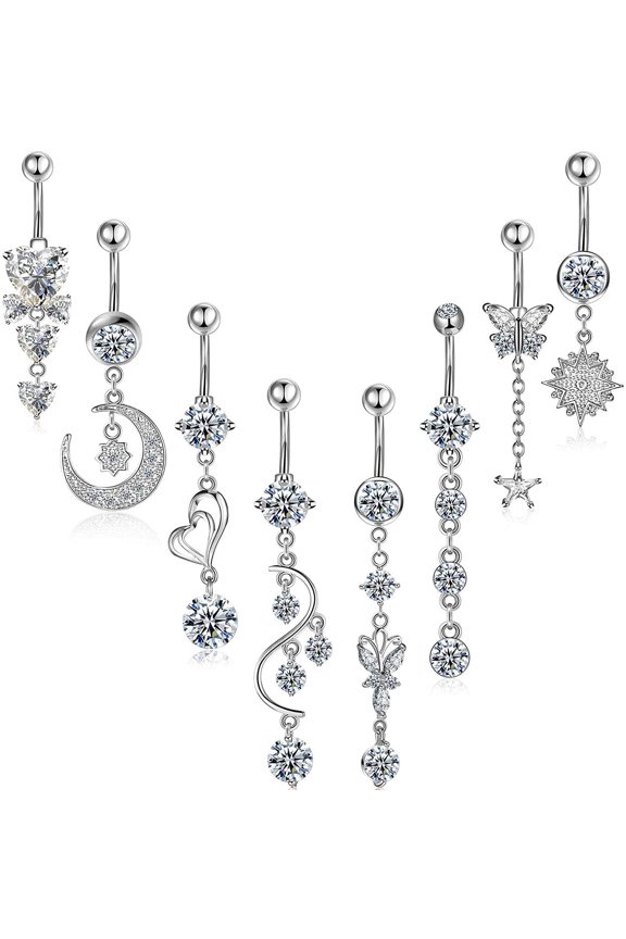 8 Pieces 14G Belly Button Rings Steel Long Dangle Navel Ring CZ Body Piercing Jewelry