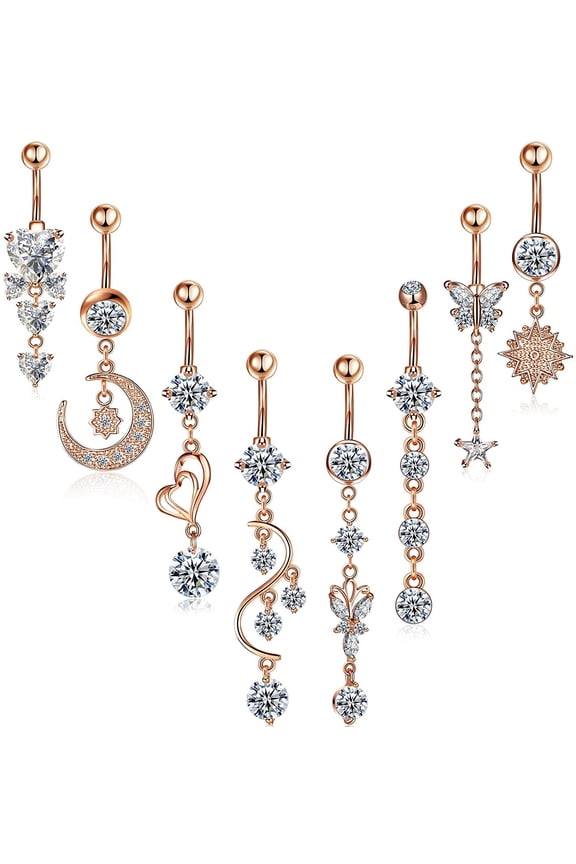 8 Pieces 14G Belly Button Rings Steel Long Dangle Navel Ring CZ Body Piercing Jewelry