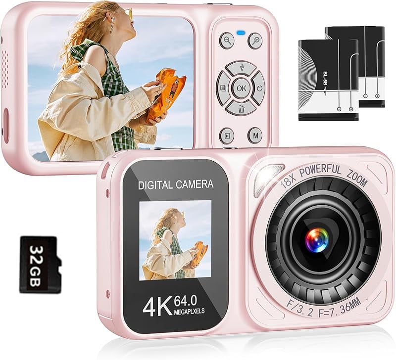 leaf Digital Camera, 4K 64MP Dual Screens Camera, 18X Zoom, Point and ...