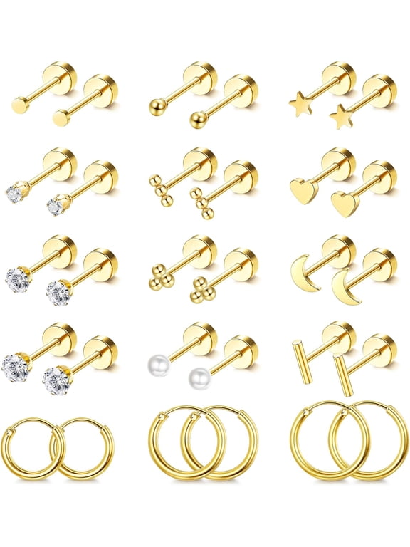 Small Hypoallergenic Flat Back Stud Earrings for Women Men 14K Gold Plated Surgical Stainless Steel Earring Sets Tiny Screw Back Cartilage Earrings for Sensitive Ears