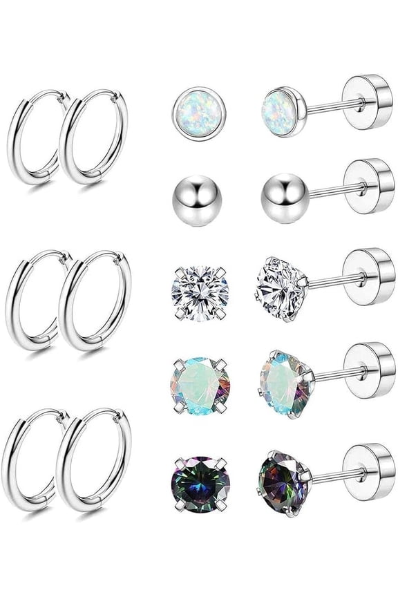 Surgical Steel Earrings for Sensitive Ears Hypoallergenic 20G Stainless Steel Stud Hoop Earrings for Women Men Small Opal Ball CZ Surgical Steel Flat Back Earrings Cartilage Earrings Hoop Stud