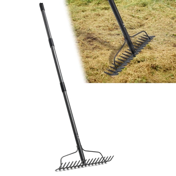 FENHRTVM Thatch Rake, 63in Adjustable Garden Rake, Heavy Duty Rakes for Lawns,Gathering Leaf Loosening Soil, Black