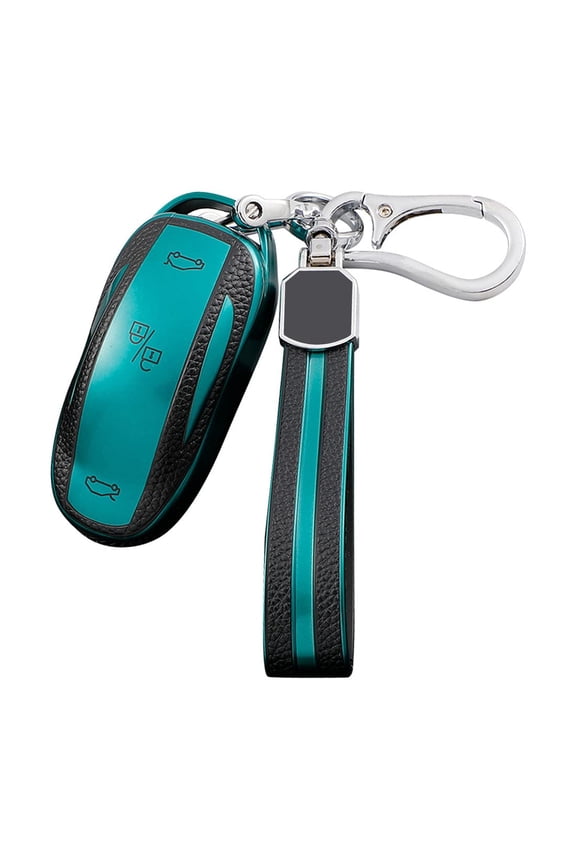 leather keychain Key fob Cover for Tesla Model X accessories smart key case (green)