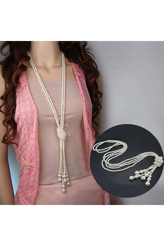 Multilayer Strand Chain Faux Pearls Flapper Beads Cluster Long Choker Necklace