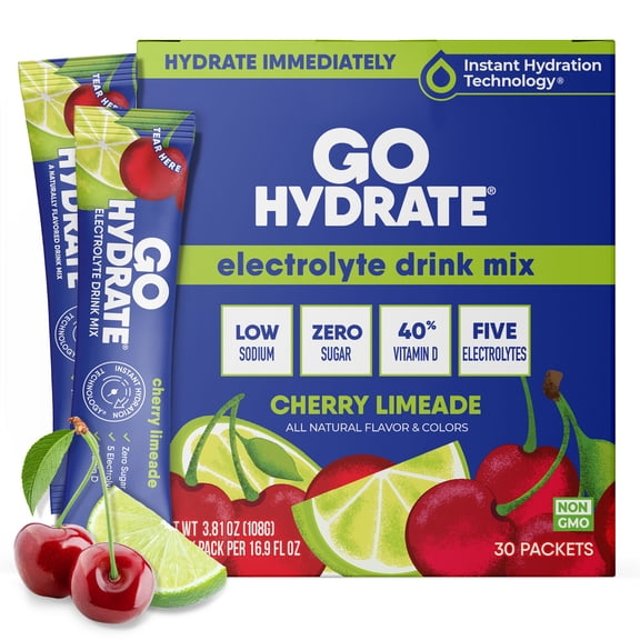 lectrolyte Hydration Drink Mix with Vitamin D, Non GMO Electrolyte Powder Hydration Pack, Cherry Limeade, 30 Hydration Powder Packets - GoHydrate
