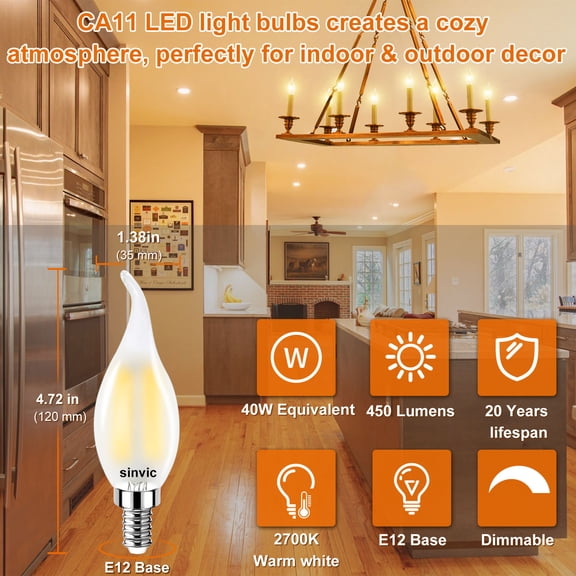 Sinvic 6 Pcs CA11 LED Candle Light Bulb 4W 40W Equivalent Dimmable 450LM 2700K Warm White Frosted Chandelier Light Bulb