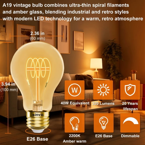 Sinvic A19 Vintage LED Bulb (6 Pack) 4W (Equiv.40W) Dimmable No Flicker 320LM 2200K Amber E26 Base Ultra-Thin Spiral Filament
