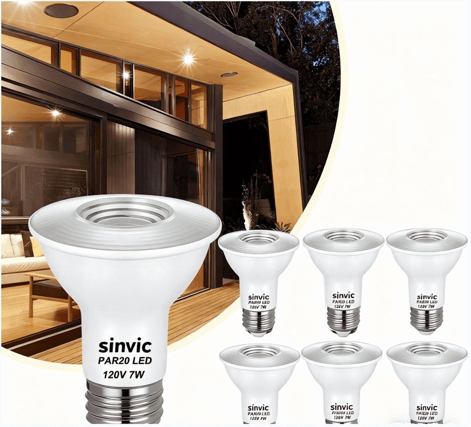 Sinvic 6Pcs Dimmable PAR20 LED Flood  Light Bulbs, 7W 50W Equivalent 120V 3000K Warm White for Recessed and Track Lighting