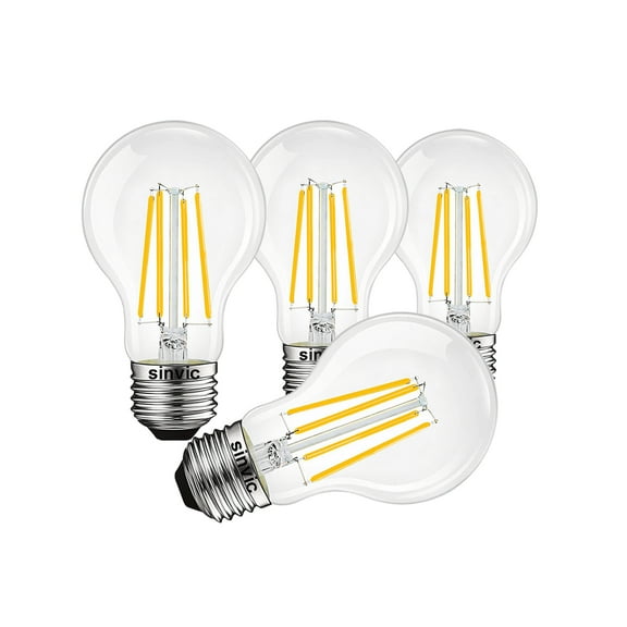 sinvic A19 E26 Edison Bulb, 4 Pack High Output Dimmable A19 Vintage Light Bulb 806LM 2700K Warm White 8W, Equal 60W, CRI 85+ E26 Base, Clear Glass A 19 Filament LED Bulb for Chandelier, Pendant
