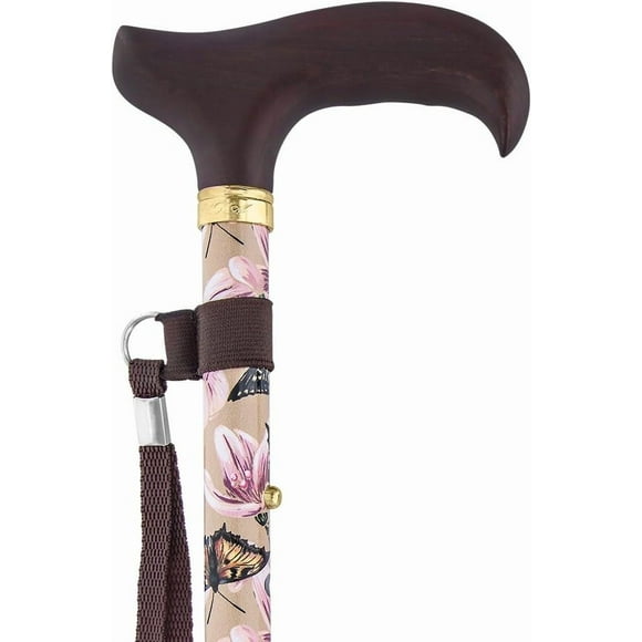 legant Adjustable Folding Cane - Lily & Butterfly Derby, Dark Beechwood Handle, Gold Collar, Tan Shaft with Pink & White Lilies, Monarch & Swallowtail Butterflies, Perfect Spring Accessory
