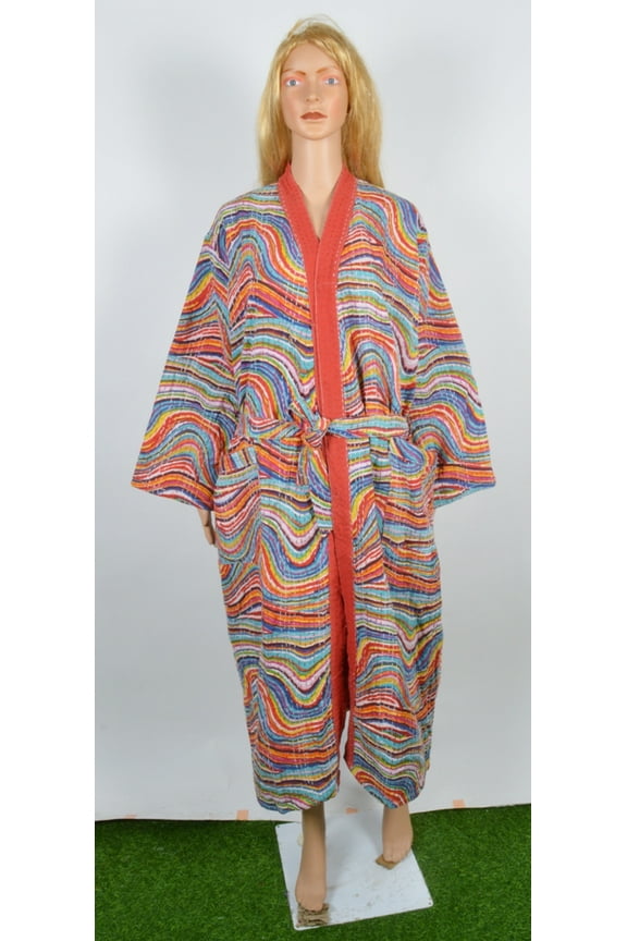 leheriya print kantha jacket, Indian handmade japanese kimono style kantha robe, Winter jacket, Red colored tie belt coat robes