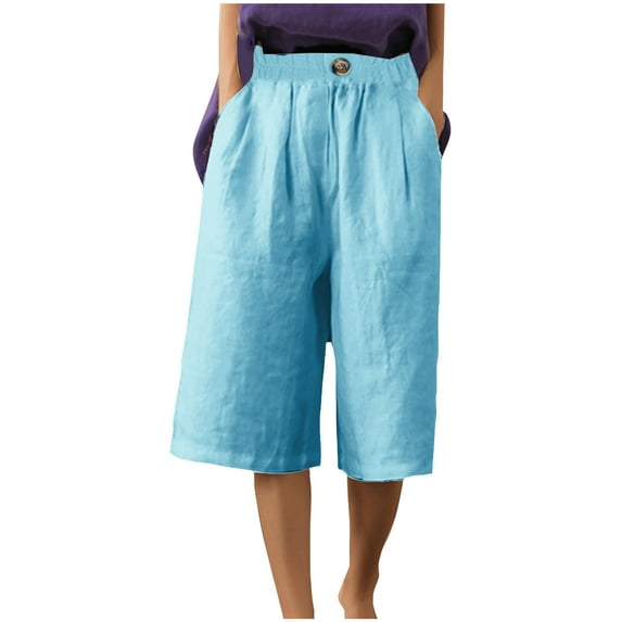 leijia Capri Pants for Women Cotton Lined Wide Leg Summer Pants Button Elastic Waist Trendy Capris Trousers with Pockets