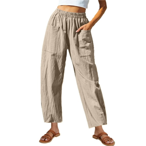 leijia Cotton Linen Long Pants for Women Elastic Waisted Solid Color Beach Pants Casual Loose Fit Straight Trousers with Pockets