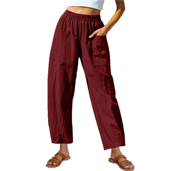 leijia Cotton Linen Long Pants for Women Elastic Waisted Solid Color Beach Pants Casual Loose Fit Straight Trousers with Pockets