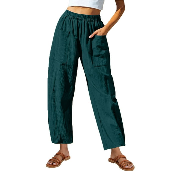 leijia Cotton Linen Long Pants for Women Elastic Waisted Solid Color Beach Pants Casual Loose Fit Straight Trousers with Pockets