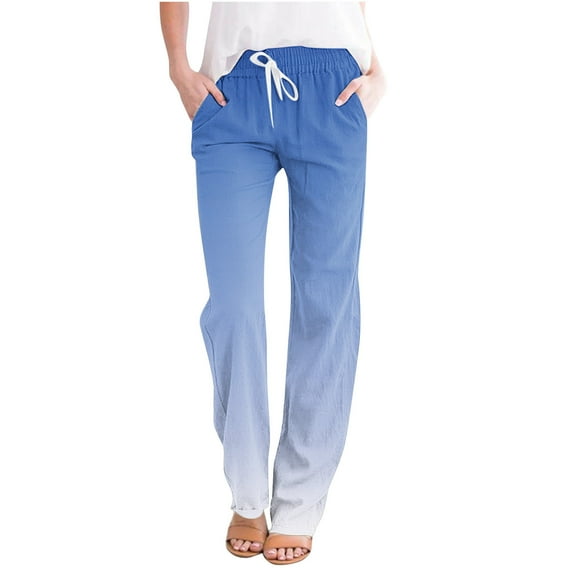 leijia Cotton Linen Straight Trousers for Women Elastic High Waisted Drawstring Long Pants Gradient Color Plus Size Lounge Pants with Pockets