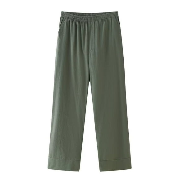 leijia Cotton Linen Straight Trousers for Women Solid Color Stretchy Waisted Wide Leg Pants Casual Loose Fit Beach Pants with Pockets