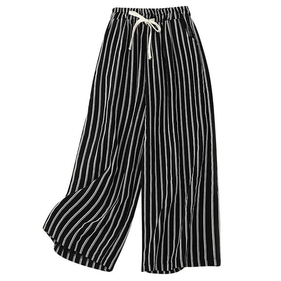 leijia Cotton Linen Striped Wide-Legged Pants Women Thin Drape Casual Straight Pants Summer Drawstring Elastic High Waist Pant Pockets Cropped Trouser